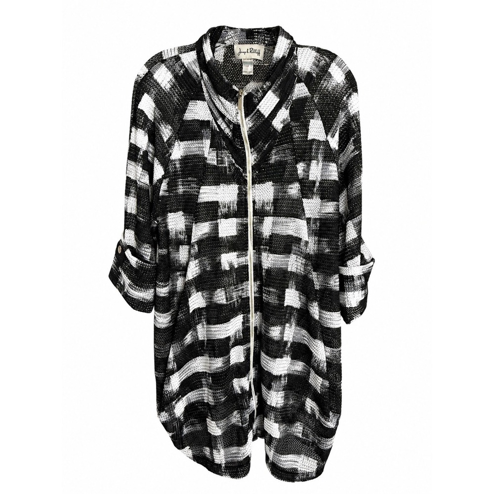Joseph Ribkoff Zip Up Jacket Womens 10 Black White Textured Knit Abstract Print